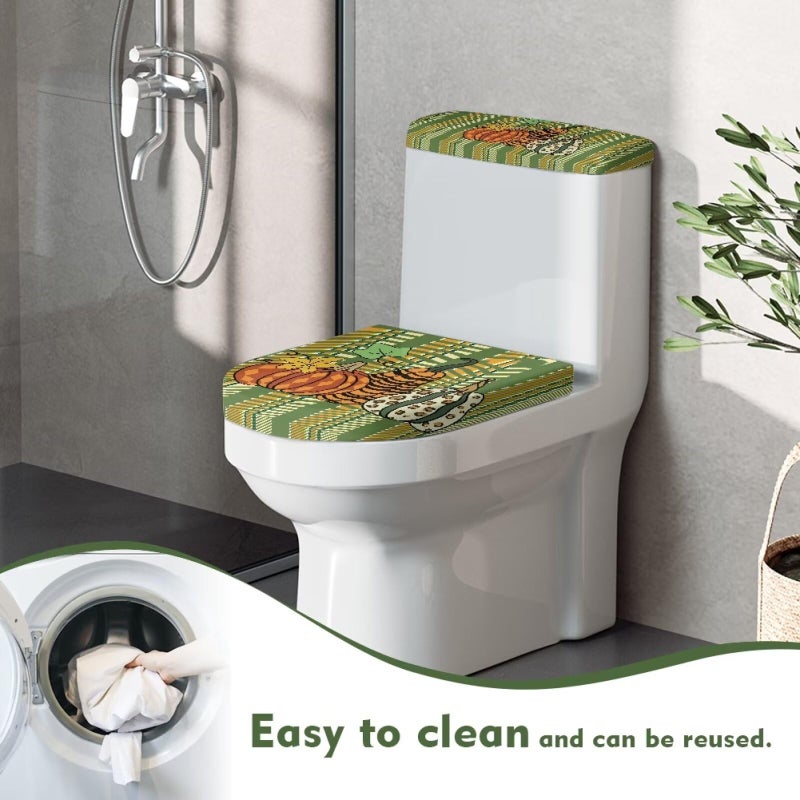 GLENLCWE Thanksgiving Pumpkin Toilet Seat Covers Set Red, 2 Pcs Green Dust-Proof Round Oval Toilet Lid and Tank Lid Covers for Bathroom Set - Image 5